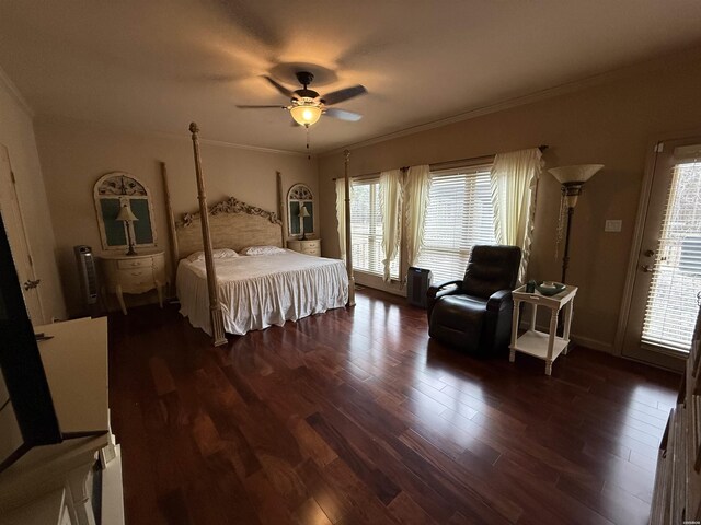 bedroom featuring crown molding, ceiling fan, and dark wood-type flooring