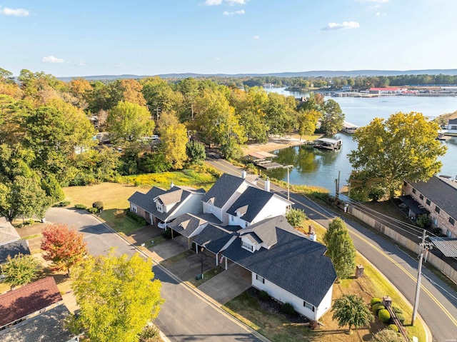 aerial view with a water view and a residential view