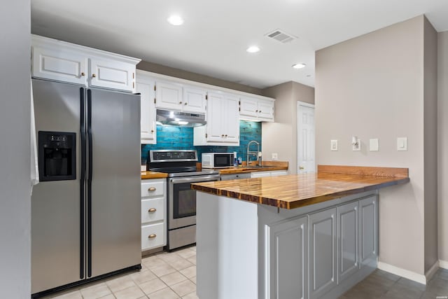 kitchen featuring white cabinets, wood counters, appliances with stainless steel finishes, a peninsula, and under cabinet range hood