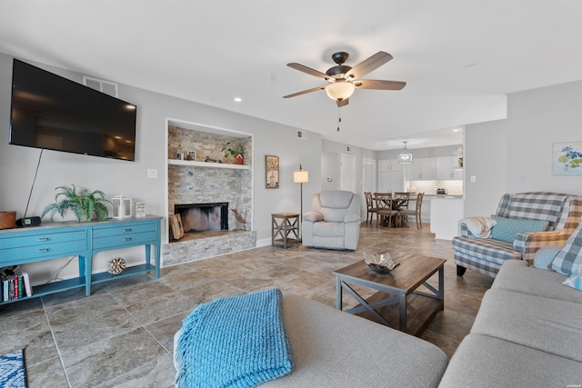 200 Hamilton Oaks Dr Unit N-1, Hot Springs, AR 71913 - living area with a ceiling fan, a stone fireplace, recessed lighting, and baseboards