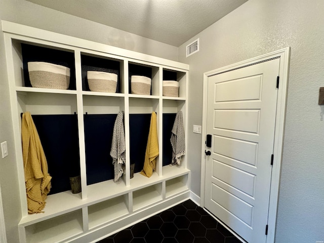 105 Coneflower Ct, Hot Springs, AR 71901 - mudroom featuring visible vents, dark tile patterned floors, a textured wall, and a textured ceiling