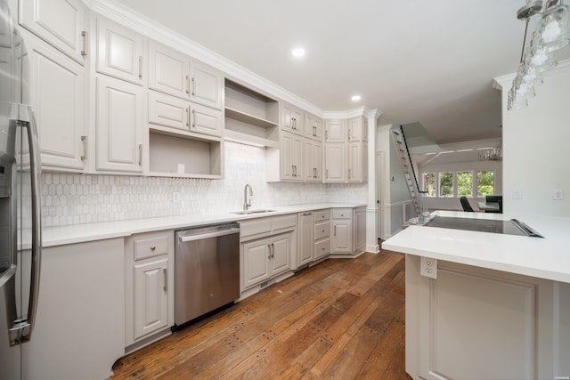 kitchen featuring dark wood-style flooring, a sink, open shelves, stainless steel appliances, and tasteful backsplash