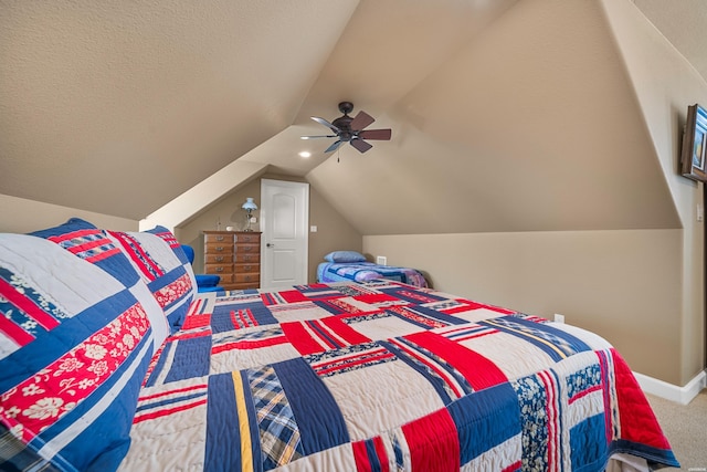 bedroom with a ceiling fan, baseboards, lofted ceiling, a textured ceiling, and carpet flooring