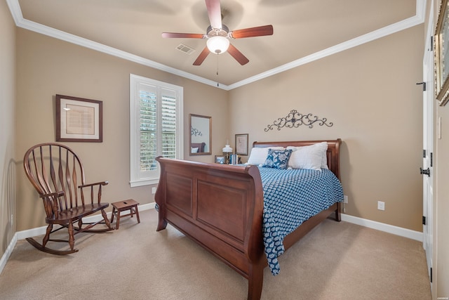 bedroom featuring visible vents, baseboards, light colored carpet, and crown molding