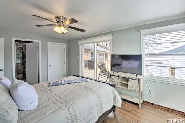 bedroom featuring access to exterior, ceiling fan, and light wood finished floors