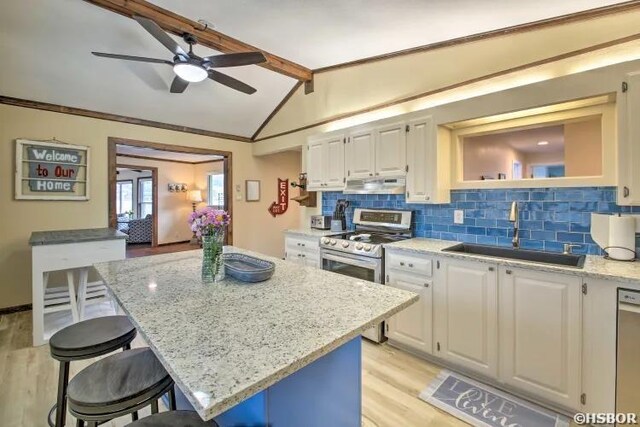 kitchen with stainless steel appliances, white cabinetry, a sink, and under cabinet range hood