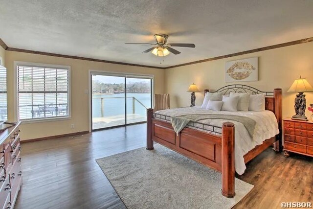 bedroom with dark wood-style floors, a textured ceiling, baseboards, and access to exterior