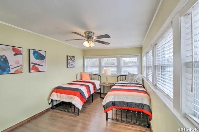 bedroom featuring ornamental molding, multiple windows, baseboards, and wood finished floors