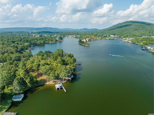 bird's eye view featuring a water and mountain view