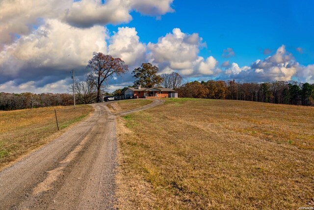 view of road featuring dirt driveway and a rural view