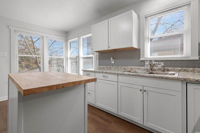 kitchen with dark wood finished floors, tasteful backsplash, wood counters, and a sink