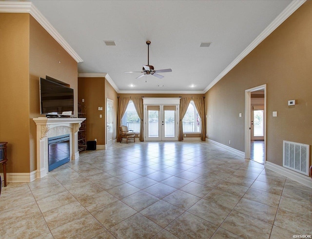 1380 Airport Rd Unit A4, Hot Springs, AR 71913 - unfurnished living room with french doors, ornamental molding, a ceiling fan, and visible vents