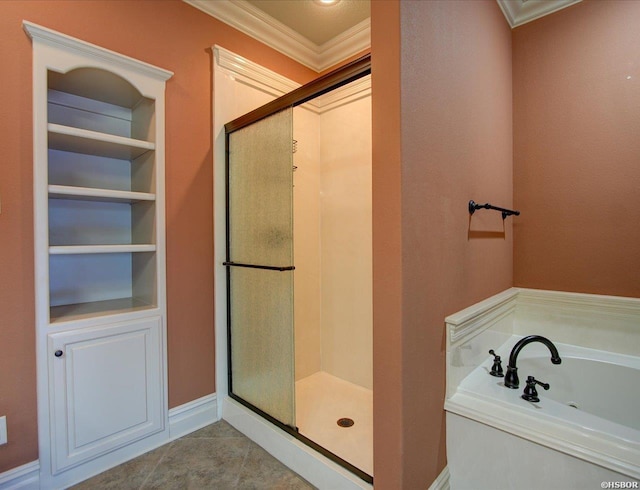 1380 Airport Rd Unit A4, Hot Springs, AR 71913 - full bathroom with crown molding, tile patterned flooring, a stall shower, and a bath