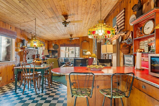 kitchen with wooden ceiling, wooden walls, and pendant lighting