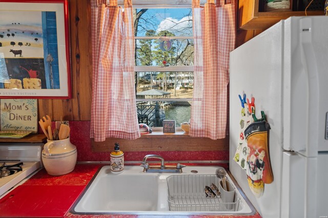 kitchen with a sink and freestanding refrigerator