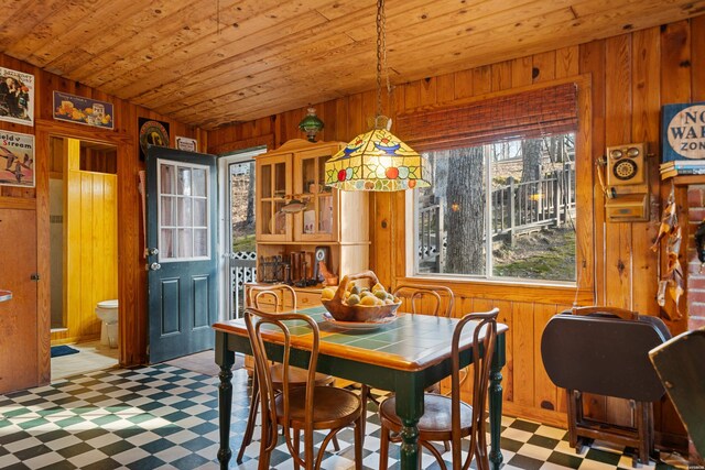 dining area featuring wood walls, wooden ceiling, and tile patterned floors