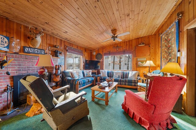 carpeted living area with lofted ceiling, wooden ceiling, wooden walls, and a ceiling fan