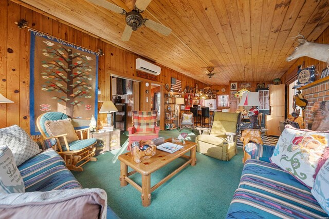 living area with a ceiling fan, wood ceiling, carpet, an AC wall unit, and wood walls