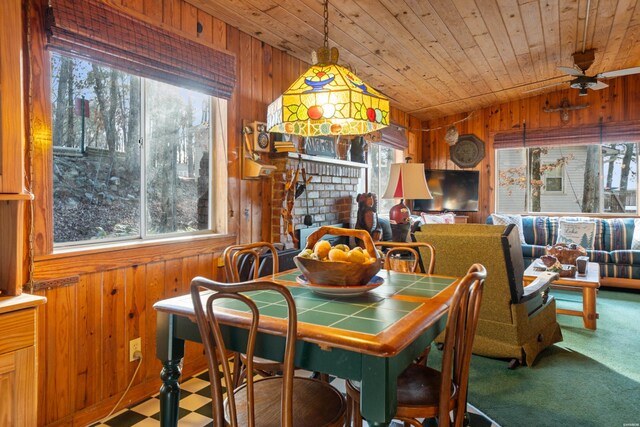 carpeted dining space featuring plenty of natural light and wooden walls