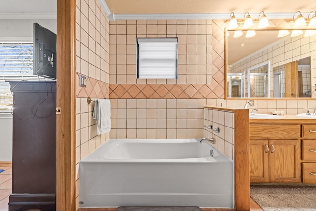 120 Butler Ln, Hot Springs, AR 71913 - bathroom featuring ornamental molding, double vanity, tile walls, and a bath