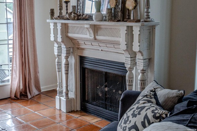 details with a fireplace and baseboards