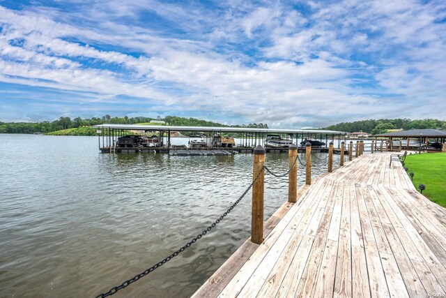 view of dock with a water view and boat lift