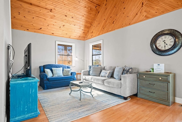 living room featuring light wood-style flooring, wooden ceiling, and vaulted ceiling