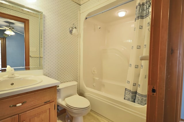 81 End Of Trail Rd, Mount Ida, AR 71957 - bathroom featuring wallpapered walls, toilet, ceiling fan, vanity, and shower / washtub combination
