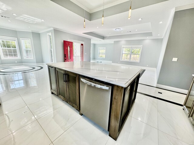 kitchen featuring light stone counters, a center island, crown molding, a raised ceiling, and stainless steel dishwasher