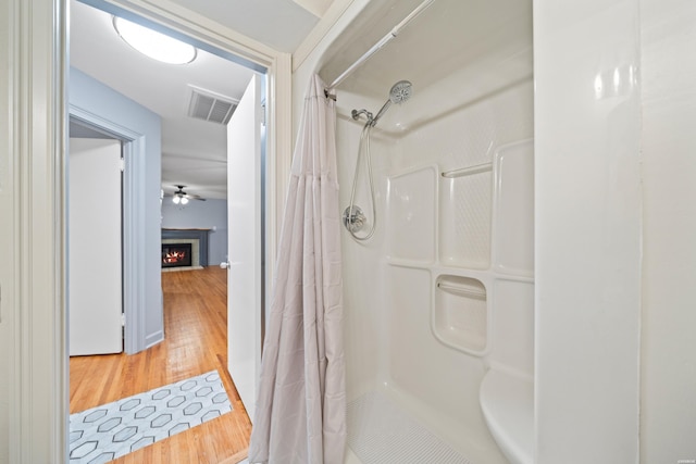 102 Burroughs St, Hot Springs, AR 71913 - bathroom with wood finished floors, a shower with shower curtain, and a lit fireplace