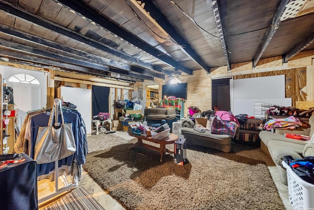1638 Thornton Fry, Hot Springs, AR 71913 - living room with wood ceiling, wooden walls, and beam ceiling