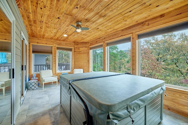 game room with wood ceiling and wooden walls