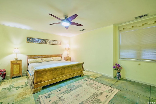 bedroom with baseboards, visible vents, and a ceiling fan