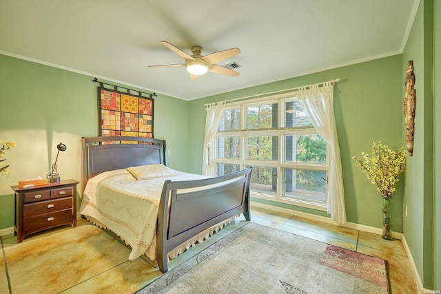 bedroom featuring visible vents, ornamental molding, a ceiling fan, and baseboards