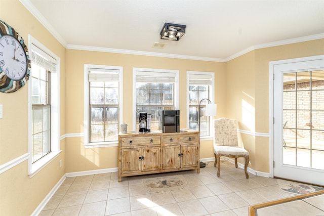 living area with light tile patterned floors, plenty of natural light, and crown molding