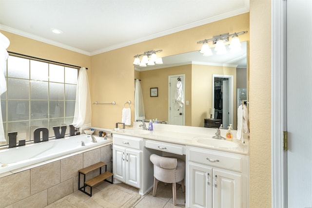 bathroom featuring a garden tub, crown molding, tile patterned flooring, and a sink