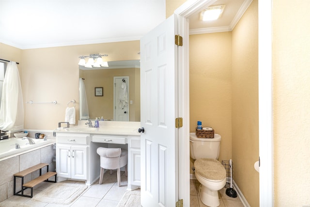 full bath with a relaxing tiled tub, crown molding, toilet, vanity, and tile patterned floors