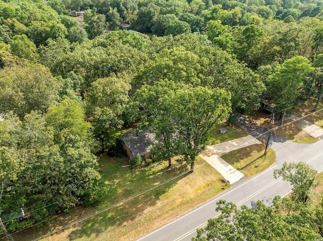 bird's eye view with a wooded view