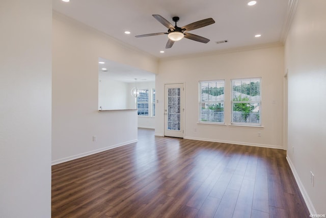 710 Fair Ln, Alexander, AR 72002 - spare room with ceiling fan with notable chandelier, ornamental molding, dark wood-type flooring, visible vents, and recessed lighting