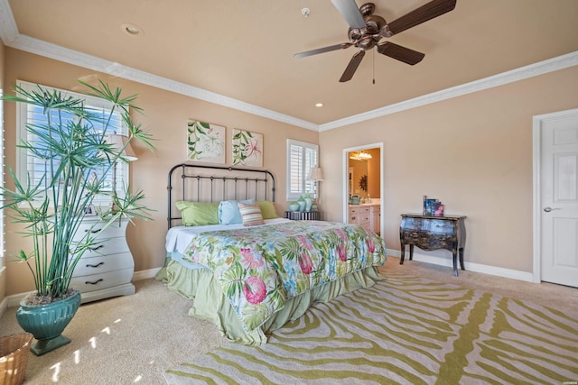 1380 Airport Rd Unit C2, Hot Springs, AR 71913 - bedroom featuring crown molding, carpet flooring, baseboards, connected bathroom, and ceiling fan