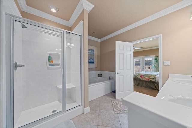 1380 Airport Rd Unit C2, Hot Springs, AR 71913 - ensuite bathroom featuring ornamental molding, a shower stall, a bath, a sink, and tile patterned flooring