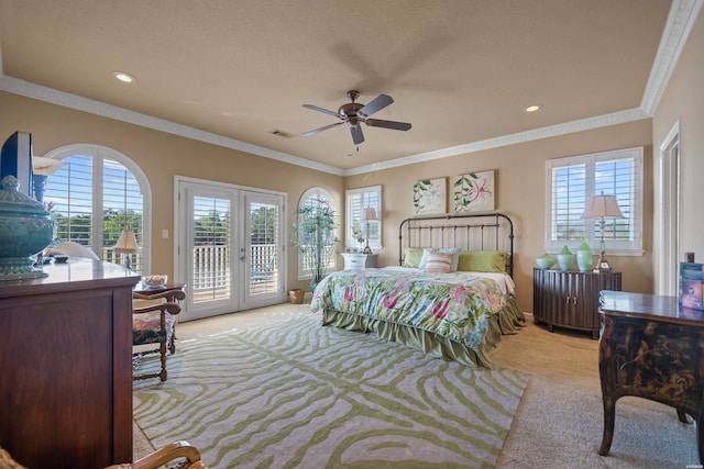 1380 Airport Rd Unit C2, Hot Springs, AR 71913 - carpeted bedroom featuring french doors, access to outside, crown molding, a ceiling fan, and recessed lighting