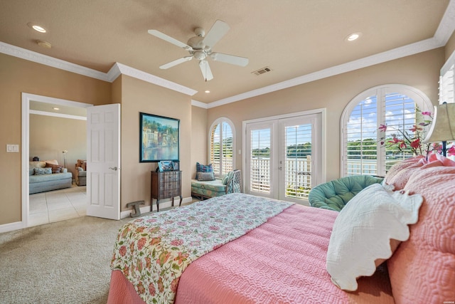 1380 Airport Rd Unit C2, Hot Springs, AR 71913 - carpeted bedroom with access to outside, baseboards, recessed lighting, ornamental molding, and a ceiling fan