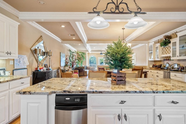 1380 Airport Rd Unit C2, Hot Springs, AR 71913 - kitchen with coffered ceiling, ornamental molding, decorative backsplash, beam ceiling, and light stone countertops