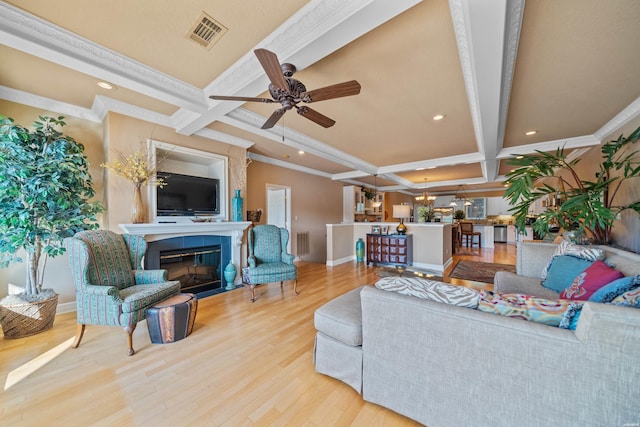 1380 Airport Rd Unit C2, Hot Springs, AR 71913 - living area featuring coffered ceiling, recessed lighting, beamed ceiling, a ceiling fan, and wood finished floors