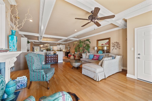 1380 Airport Rd Unit C2, Hot Springs, AR 71913 - living area featuring light wood-type flooring, a ceiling fan, beamed ceiling, coffered ceiling, and a chandelier