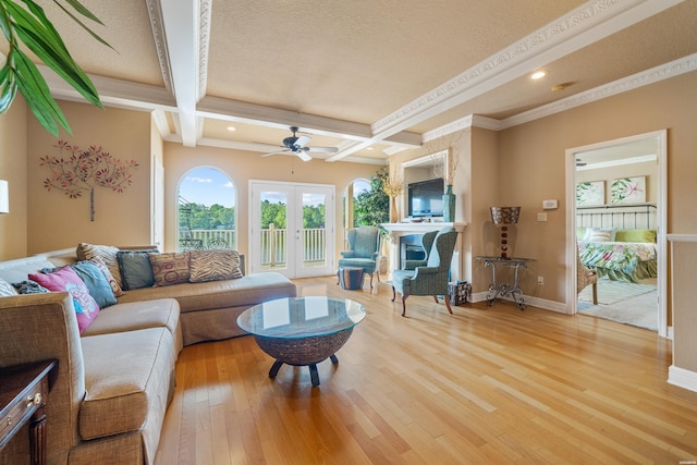 1380 Airport Rd Unit C2, Hot Springs, AR 71913 - living area featuring light wood-style flooring, beamed ceiling, baseboards, ornamental molding, and coffered ceiling