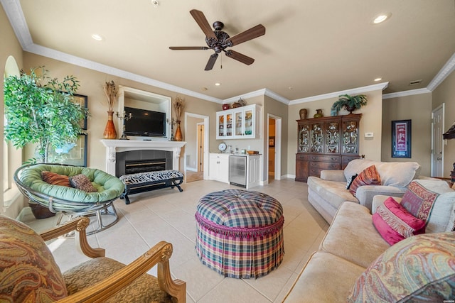 1380 Airport Rd Unit C2, Hot Springs, AR 71913 - living area featuring light tile patterned flooring, a ceiling fan, recessed lighting, a tiled fireplace, and wine cooler