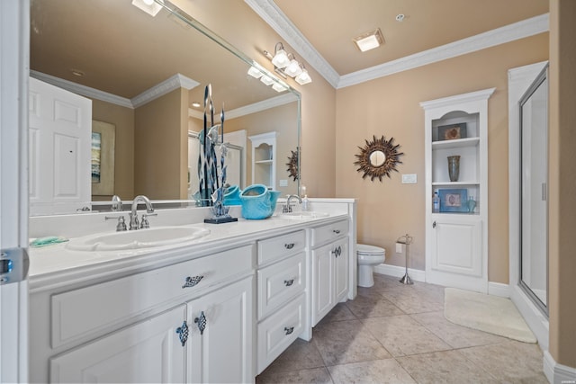 1380 Airport Rd Unit C2, Hot Springs, AR 71913 - bathroom featuring ornamental molding, a stall shower, double vanity, toilet, and tile patterned flooring