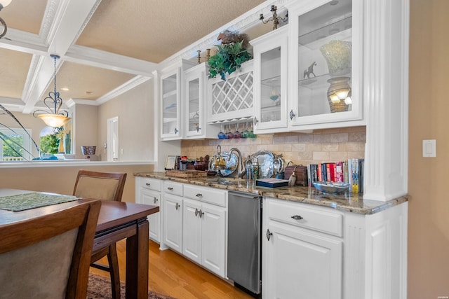 1380 Airport Rd Unit C2, Hot Springs, AR 71913 - bar area with backsplash, coffered ceiling, light wood finished floors, a sink, and beamed ceiling